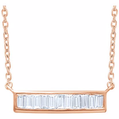 651885:60005:P 14kt Rose 1/4 CTW Diamond Baguette 16-18" Bar Necklace