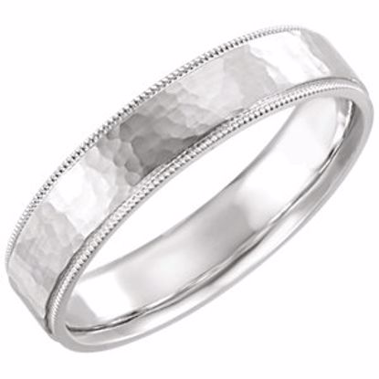 51533:511:P 14kt White Flat Milgrain Comfort Fit Satin & Hammer Finish 5mm Band Size 11 