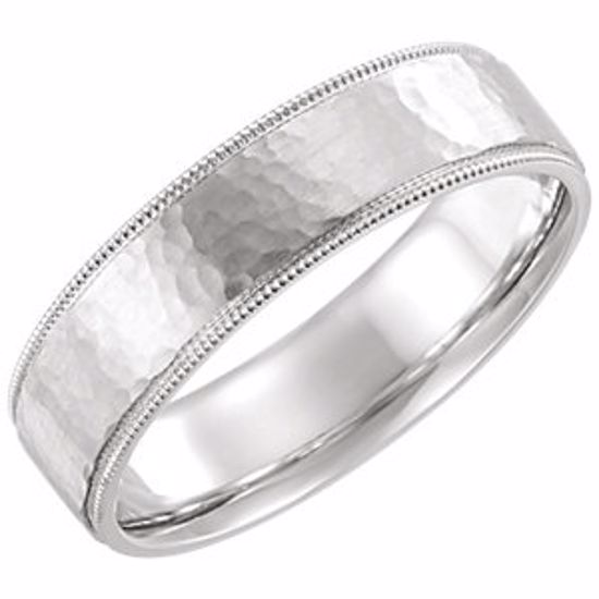 51533:707:P 14kt White Flat Milgrain Comfort Fit Satin & Hammer Finish 6mm Band Size 7 